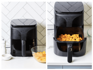 An air fryer shown being preheated and squash being added to the air fryer basket.